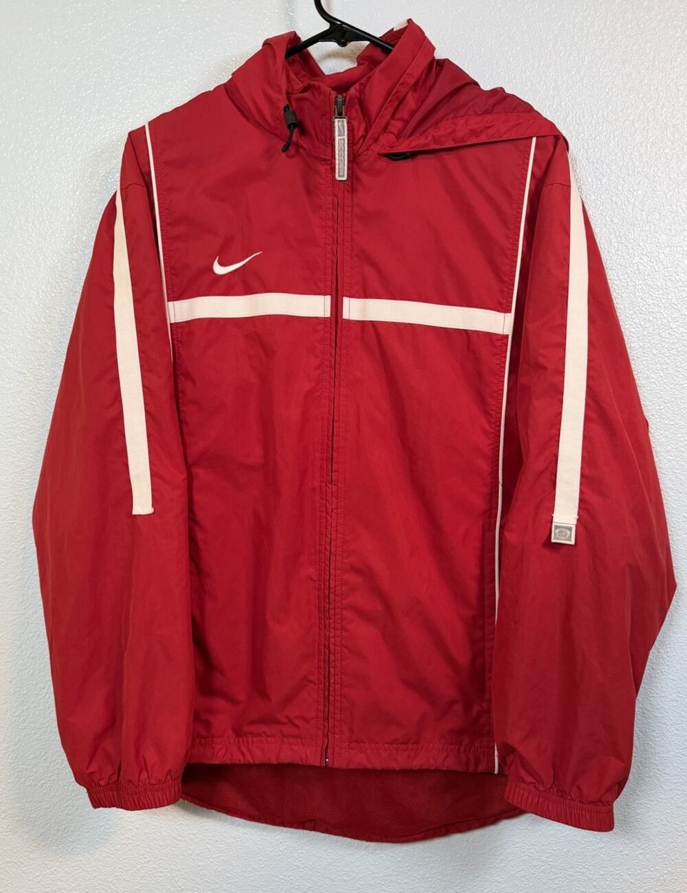 Nike Vintage Y2K Windbreaker Jacket Small Red White Swoosh Hooded Track 2000s